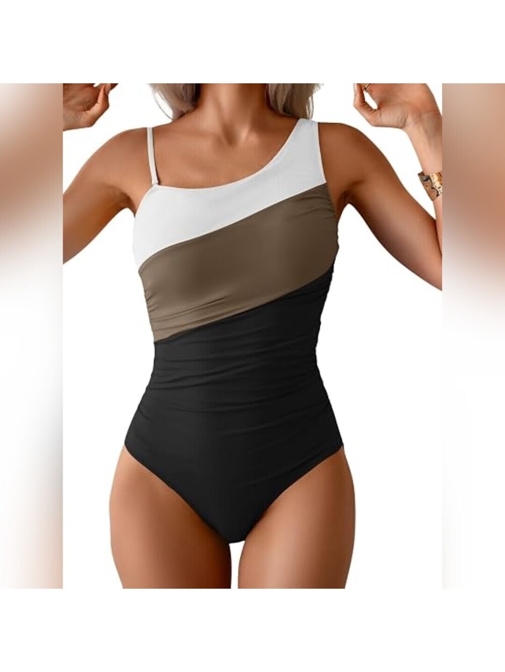 NWT Aidonger One Piece One Shoulder Color Block Ruched Swimsuit, Large (12/14)